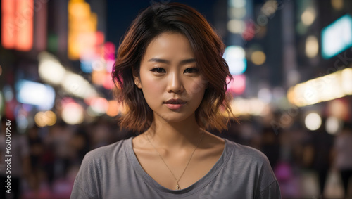 portrait of an Asian woman in her 40s, in a gray shirt behind the background of Tokyo street at night. Bokeh background with lens canon 85mm 1.2