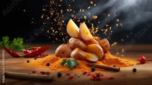 Potato with spice mixing ingredients for cooking on a table, isolated on a studio background. Generative AI