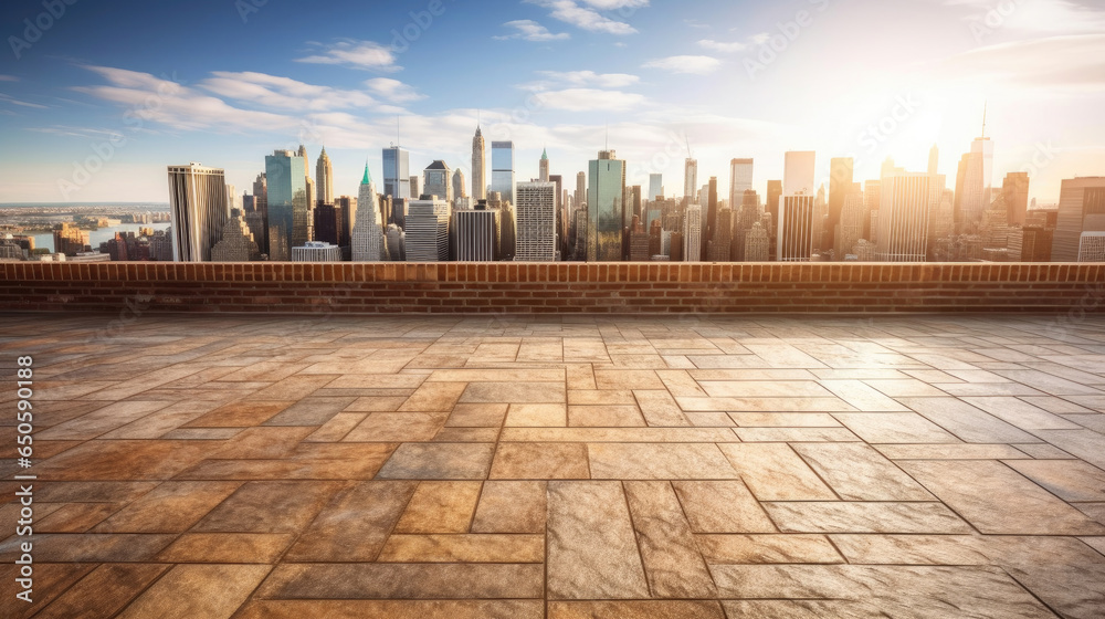 Fototapeta premium Empty brick floor with cityscape and skyline background. Generative Ai