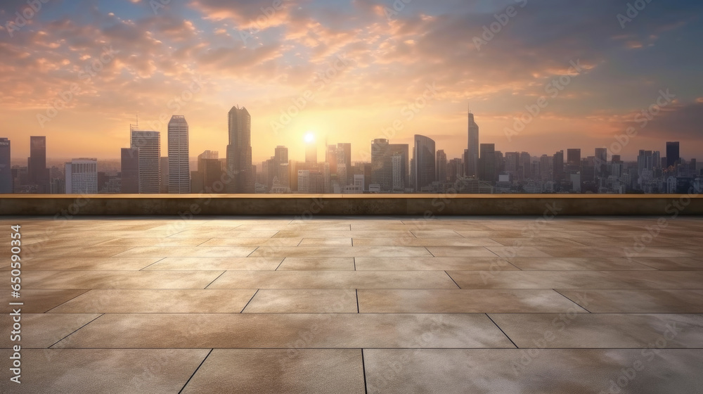 Obraz premium Empty cement floor with cityscape and skyline background. Generative Ai
