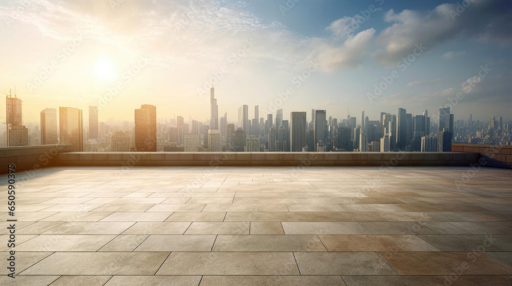 Fototapeta premium Empty cement floor with cityscape and skyline background. Generative Ai