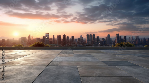 Empty cement floor with cityscape and skyline background. Generative Ai © tong2530