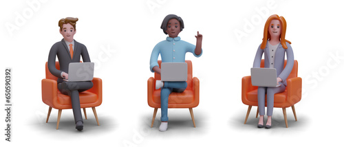 Set of vector characters of office workers. Men and women sitting with laptops in chairs in different poses. Front view. Isolated color illustration in cartoon style