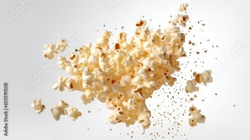 Falling popcorn splash, isolated on a white background. Generative AI