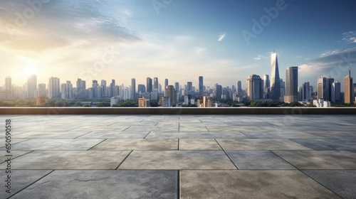 Empty cement floor with cityscape and skyline background. Generative Ai