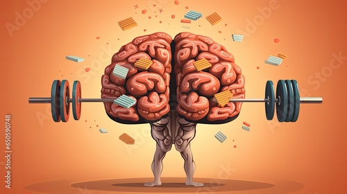 Human brain with dumbbell and barbell. Vector cartoon illustration. Mind concept, ai generative