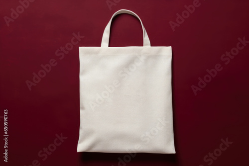 Mock-up of a white fabric bag with handles on a burgundy background