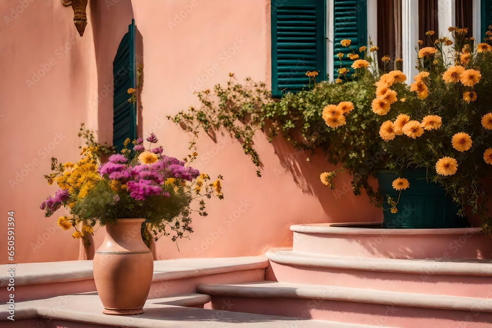 Elegant Wildflowers Realistic High-Detail Photograph Against a Blush-Pink Stucco Home