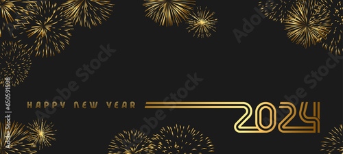 Merry Christmas and Happy New Year 2024 congrats, golden fireworks holiday background. Decorative lines digits. Golden typography, creative horizontal Xmas eve decor. Abstract isolated graphic design