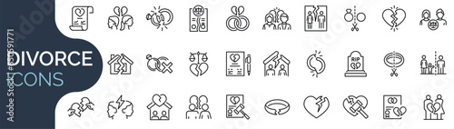 Set of outline icons related to divorce. Linear icon collection. Editable stroke. Vector illustration