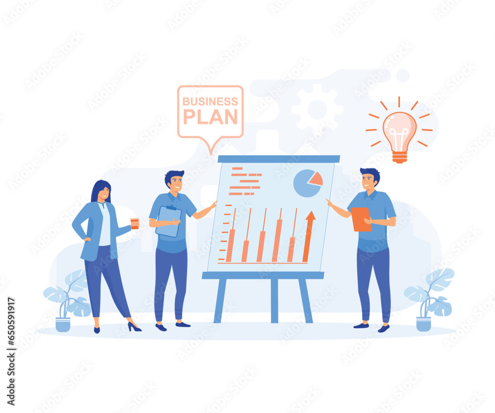 business plan concept, businessman making presentation of business plan. flat vector modern illustration