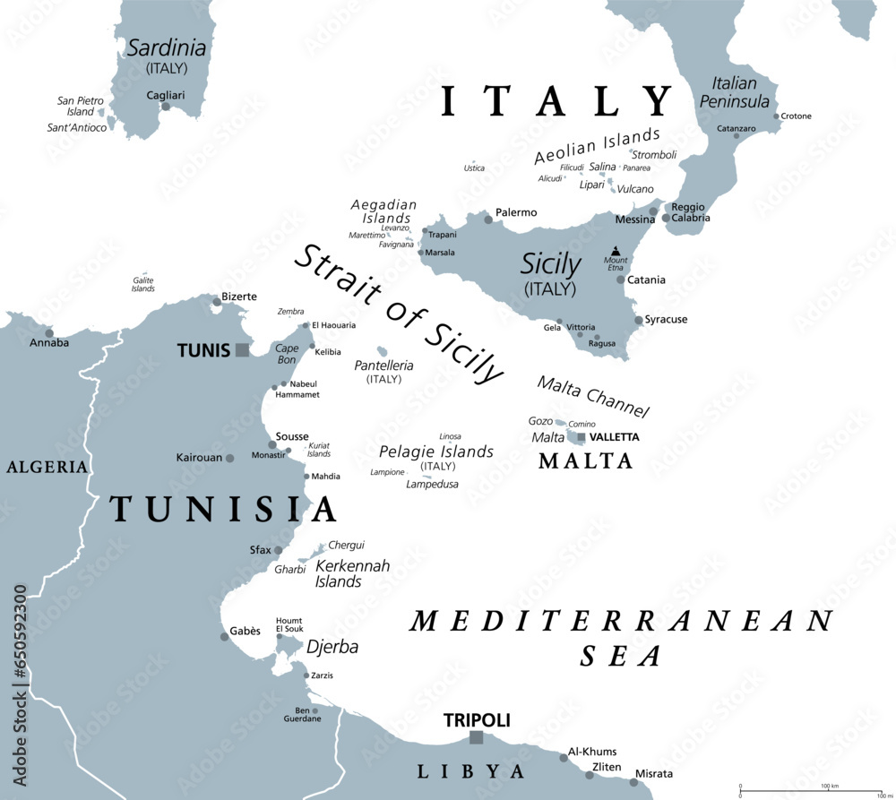 Strait of Sicily, gray political map. Also called Sicilian Channel. Strait, located in the Mediterranean Sea, between Tunisia and Sicily, Italy. With Pantelleria, and the Aegadian and Pelagie Islands.