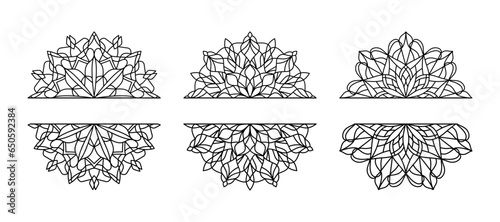 Vector black floral partial mandalas isolated on white background. Set of geometric line flower mandala illustrations. Geometric simple ornaments for adult coloring books, coloring pages, half mandala