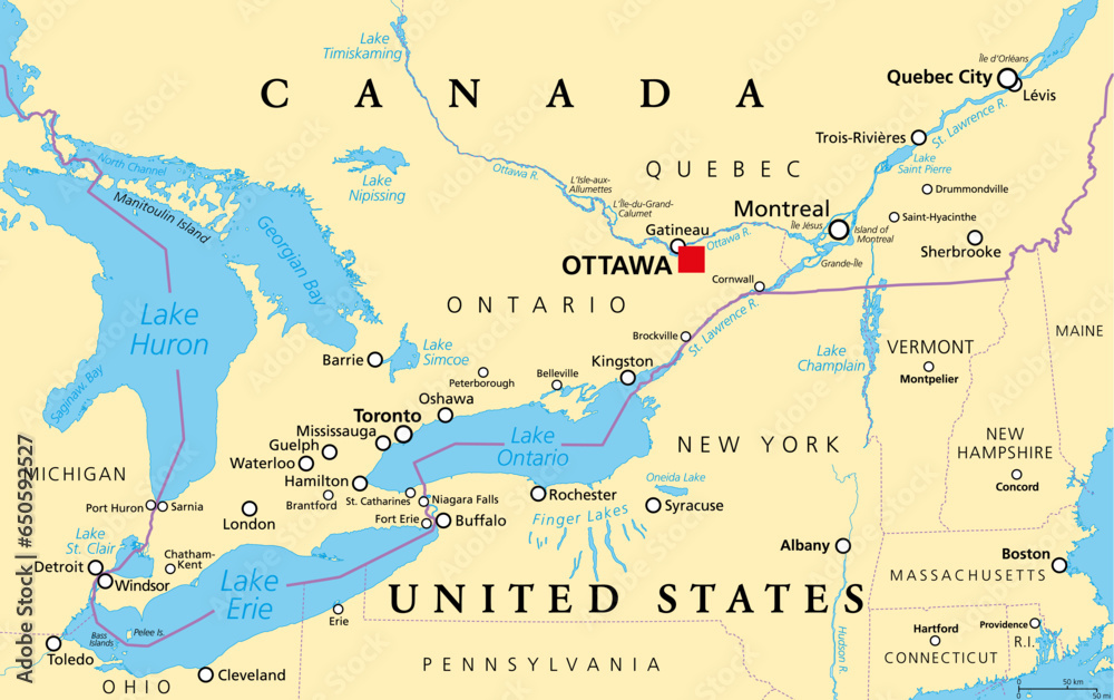 Quebec City Windsor Corridor, political map. Most densely populated and heavily industrialized region of Canada. The region extends between Quebec City in the northeast and Windsor, Ontario. Vector.