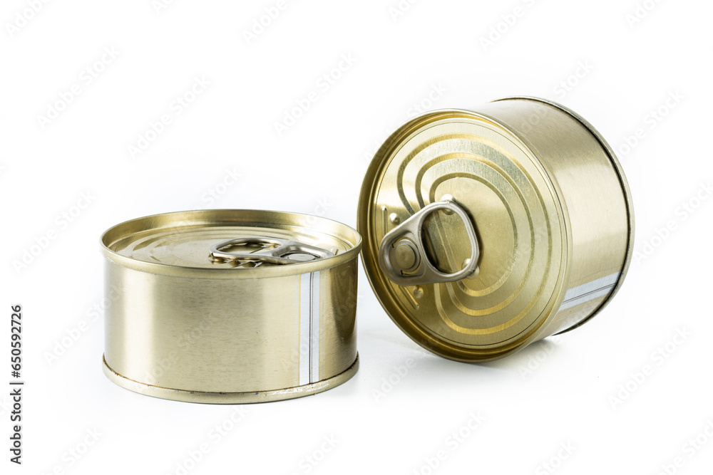 Various canned food in metal cans isolated on white background Various canned food in metal cans isolated on white background