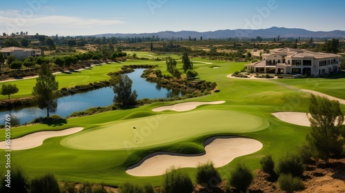 a golf-course adjacent luxury villa community. bird's-eye view of high-end vacation spot. generative AI