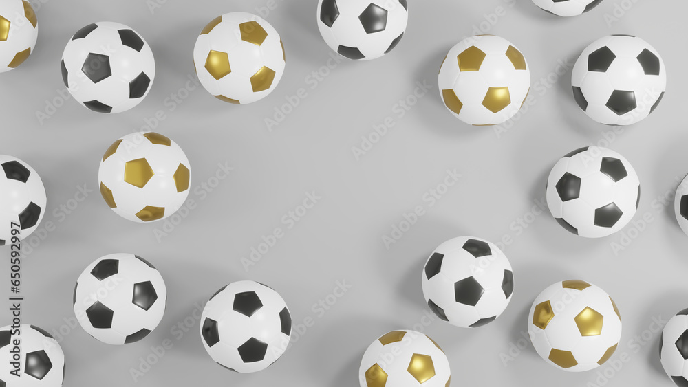 Sleek 3D Soccer Balls in White, Black, and Gold on a Subtle Grey Background Sleek 3D Soccer Balls in White, Black, and Gold on a Subtle Grey Background