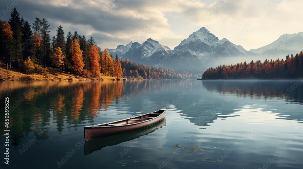 Fototapeta premium Tranquil Mountain Lake with Canoe Floating on the Surface beautiful landscape photo