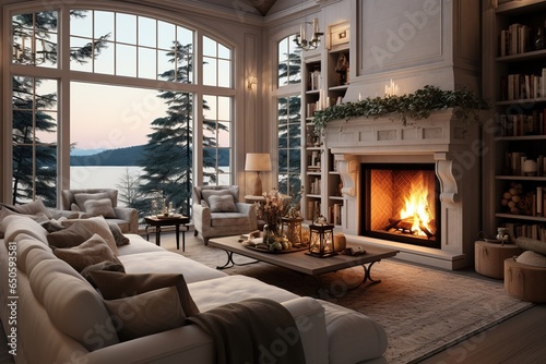 Beautiful Living Room in New Luxury Home with Fireplace and Roaring Fire. Large Bank of Windows Hints at Exterior View