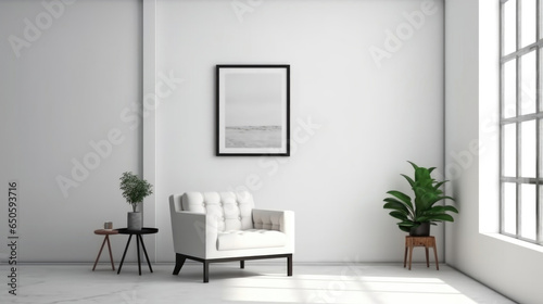 Interior of a room with an armchair and a frame on the wall