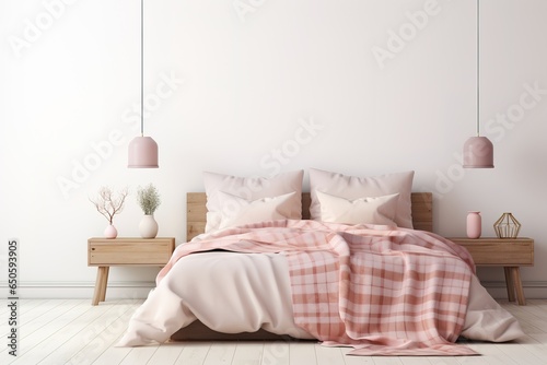 Light, cute and cozy home bedroom interior with unmade bed, pink plaid and cushions on empty white wall background © Parvez