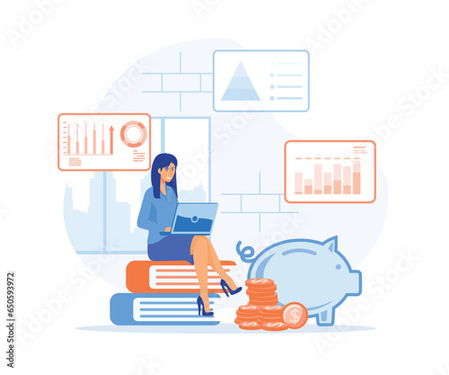 Finance Savings Concept, A young woman works at a laptop to study and fulfill financial savings. flat vector modern illustration