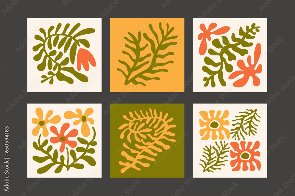 Modern abstract botanical vector arts. Matisse inspired floral collection with hand drawn wavy flowers and leaves. Groovy botany elements with abstract shapes.