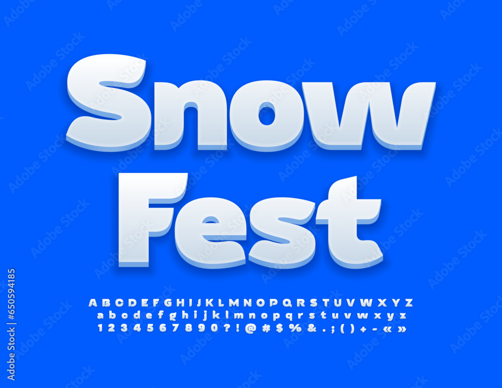 Vector bright flyer Snow Fest. Stylish White 3D Font. Trendy Alphabet Letters and Numbers set.