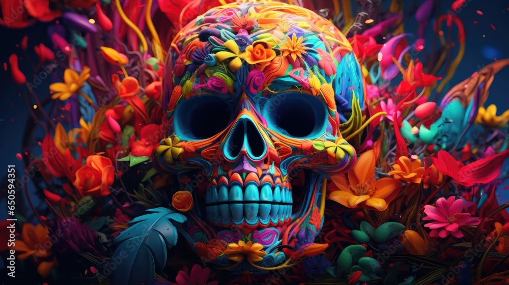 Psychedelic Floral art of a skull with vibrant colours