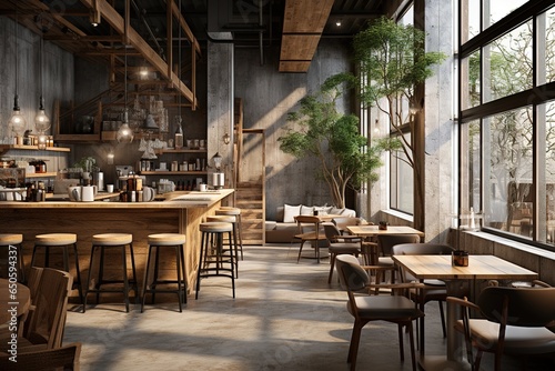 Wooden and gray coffee shop interior
