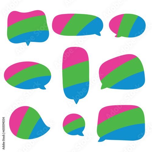 Pink, green, and blue colored speech bubble icon, as the colors of the polysexual flag. LGBTQI concept. Flat vector illustration.	