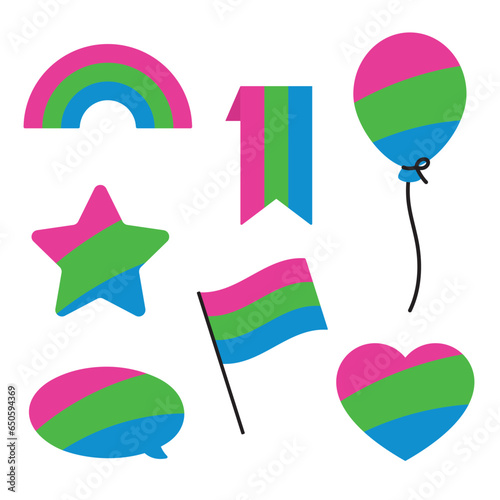Pink, green, and blue colored speech bubble, star, heart, balloon, flag and rainbow icons, as the colors of the polysexual flag. LGBTQI concept. Flat vector illustration.	