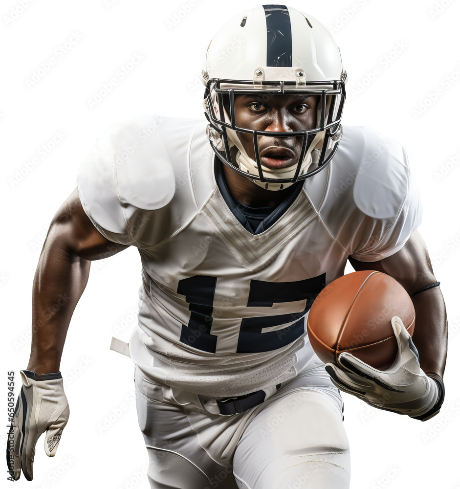 A black American football player in a white helmet with a black stripe and a uniform runs with a ball in his left hand. Isolated on a transparent background