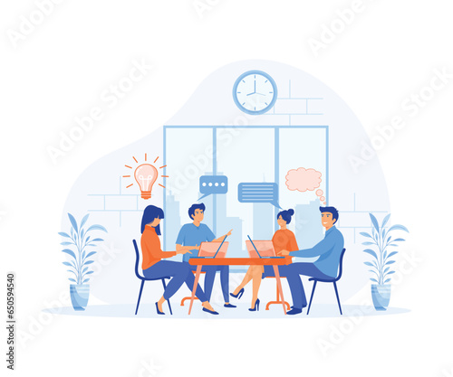 teamwork concept. Team of people sitting at desk with laptops, working together, discussing start-up. flat vector modern illustration