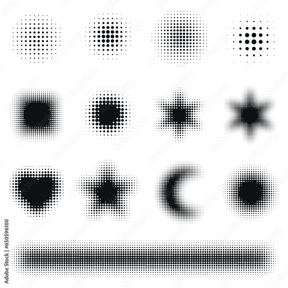 Collection of various vector halftone shapes. gradient dots design. Isolated black dots.