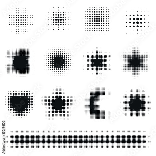 Collection of various vector halftone shapes. gradient dots design. Isolated black dots.