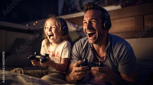 father and daughter laugh and play video games together using a video game console- generative AI, fiction Person