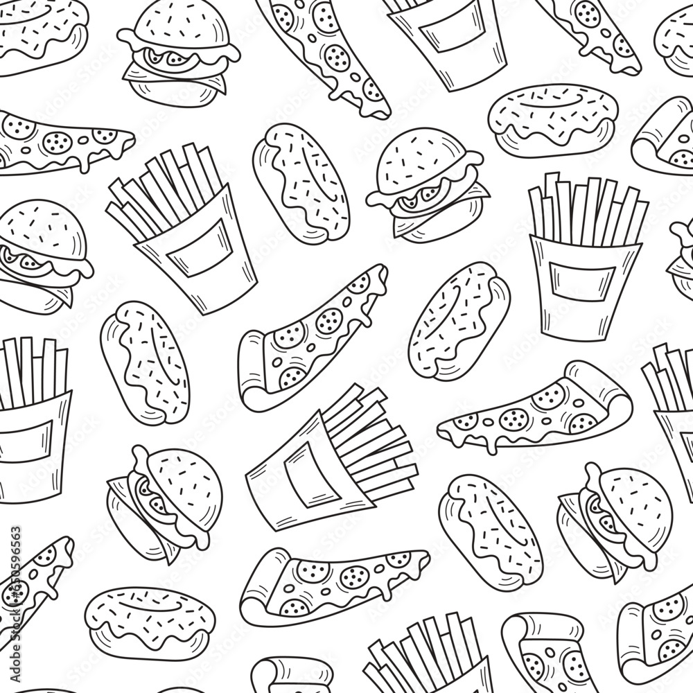 Food seamless pattern sketch. Hand drawn fast food elements endless background. Falling cartoon pizza burger French fries donut for delivery, restaurant, menu