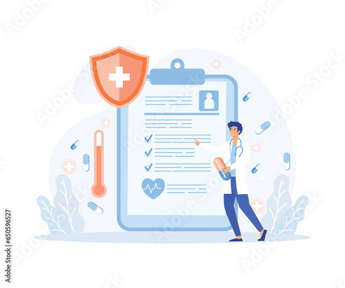 EHR or Electronic health record, tablet with patient health status and history file. E-health system for data and information, flat vector modern illustration