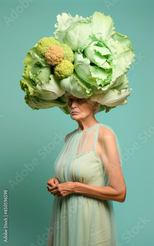Elderly woman wearing lettuce headgear. Healthy eating, longevity background. Ai generated image photo