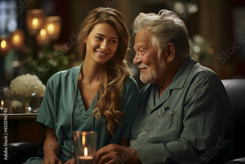 Beautiful young nurse talking to her senior patient in nursing home