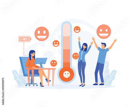 Thermometer as stress level scale emotions, mood. Fully charged active mentally healthy employee. flat vector modern illustration 