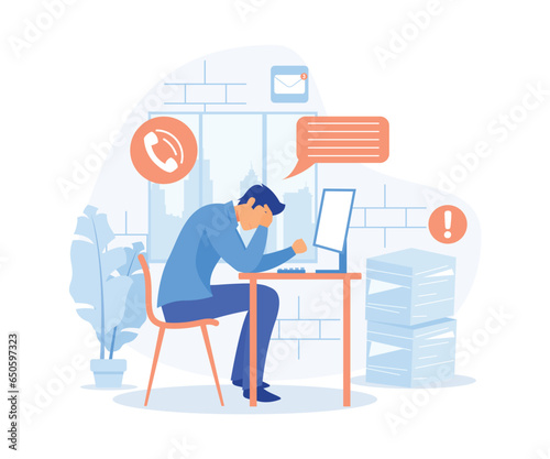 Stress in the office. Tired and exasperated office worker is grabbed his head among piles of papers and documents.  flat vector modern illustration