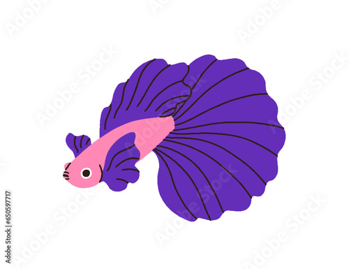 Cute tropical fish with beautiful big tail. Exotic little small water animal  betta with gorgeous flowing fins. Marine sea fauna. Colored flat graphic vector illustration isolated on white background