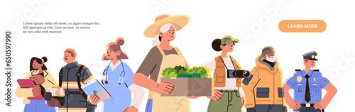 different occupation people diverse workers of various professions and specialists standing together happy labor day celebration concept