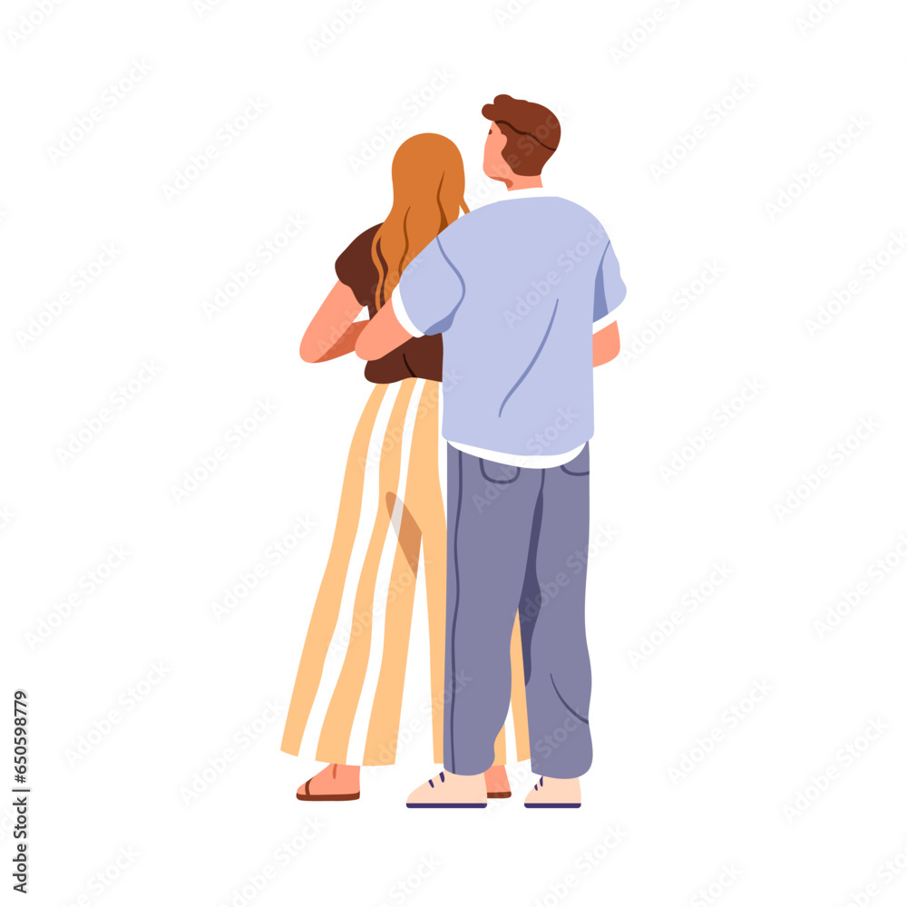 Love couple hugging, back view. Man and woman standing, embracing from behind. Enamored people, valentines in romantic relationships. Flat graphic vector illustration isolated on white background