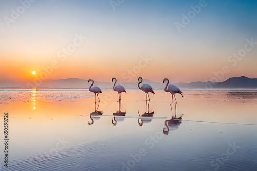 flamingos at sunset