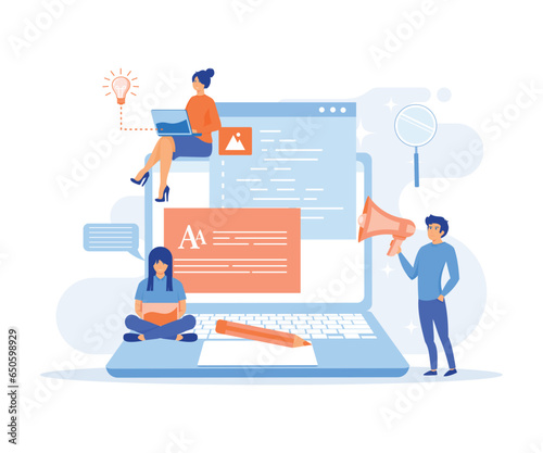 Blog Creation concept, Blog authors writing articles. Freelance writers with laptops creating social media content. flat vector modern illustration