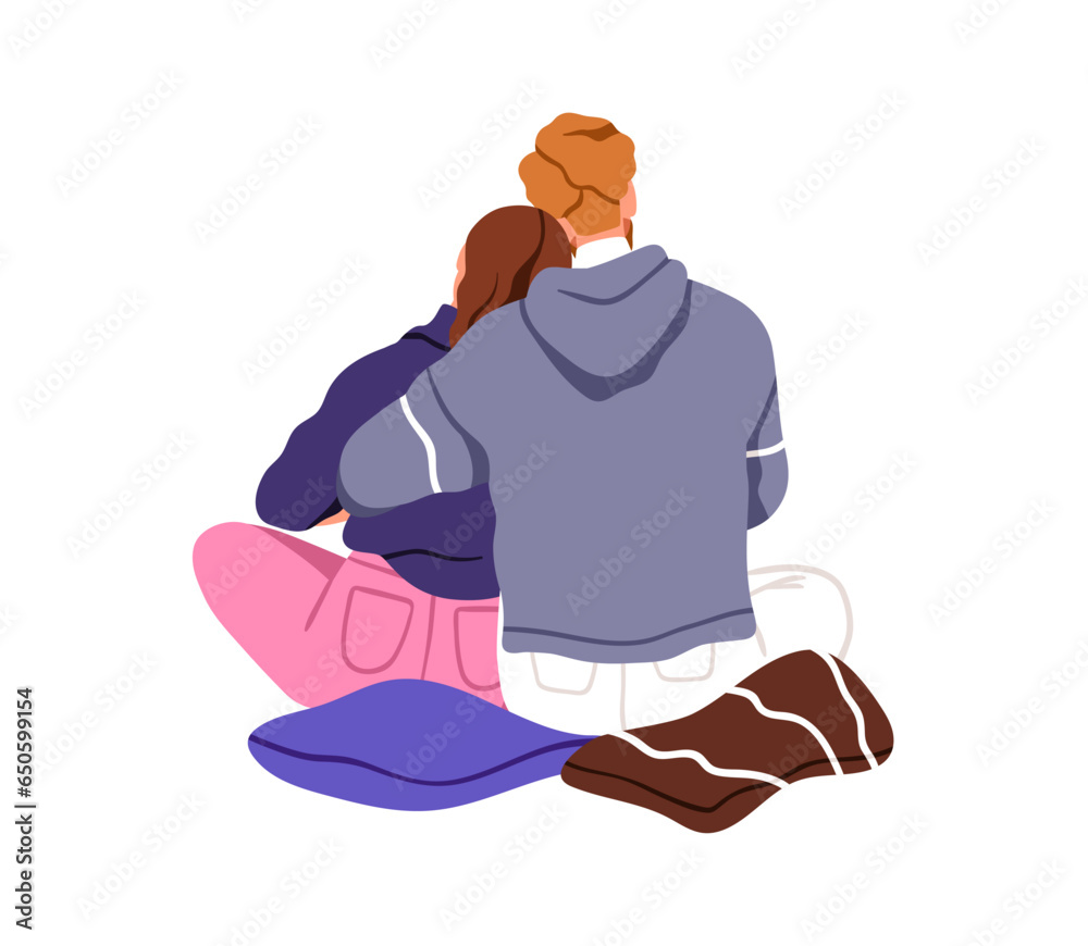 Love couple back view, sitting and hugging. Young man and woman embracing, cuddling from behind. Valentines, lovers in romantic relationships. Flat vector illustration isolated on white background Love couple back view, sitting and hugging. Young man and woman embracing, cuddling from behind. Valentines, lovers in romantic relationships. Flat vector illustration isolated on white background