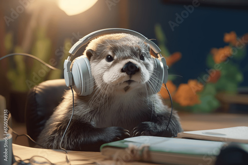 Cute otter listen to music using headphones Created with Generative AI